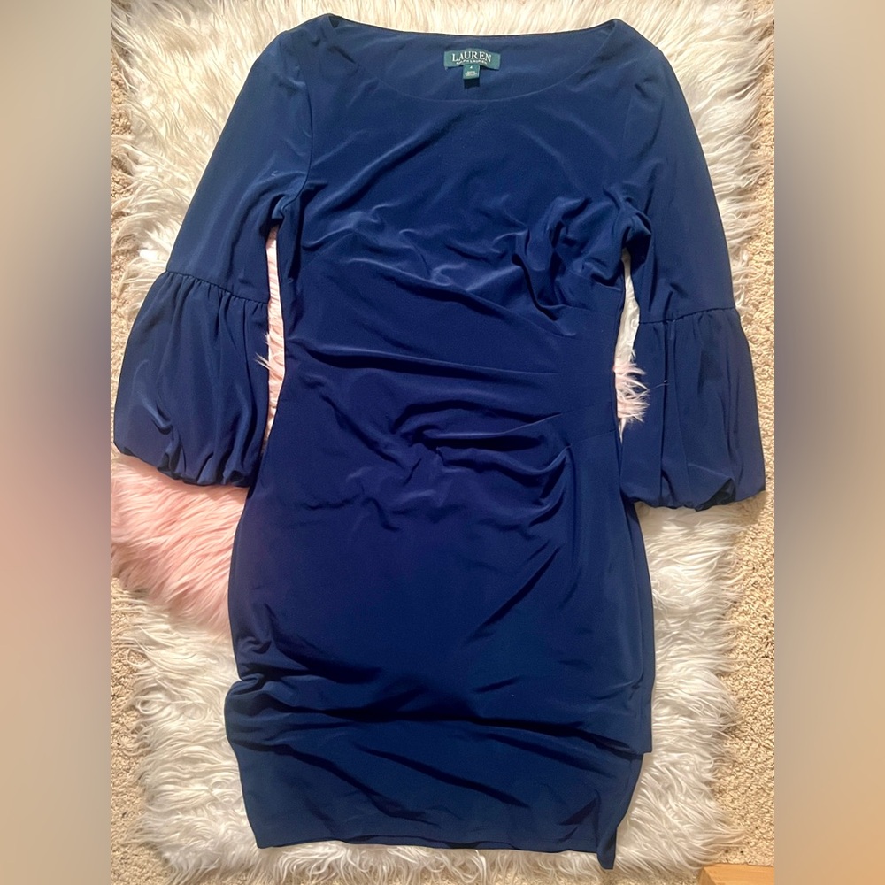Lauren Ralph Lauren Lapis Blue Bell Sleeve Midi Dress! Sz 4! Retro Chic!